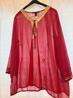 Only Nine Sheer Red Embellished Tunic Plus Size with Gold Trim